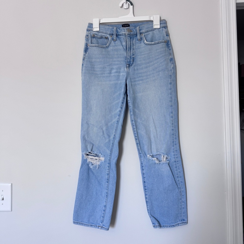 J.Crew Essential Straight Jeans 27 Light Wash Distressed High Rise Blue Denim